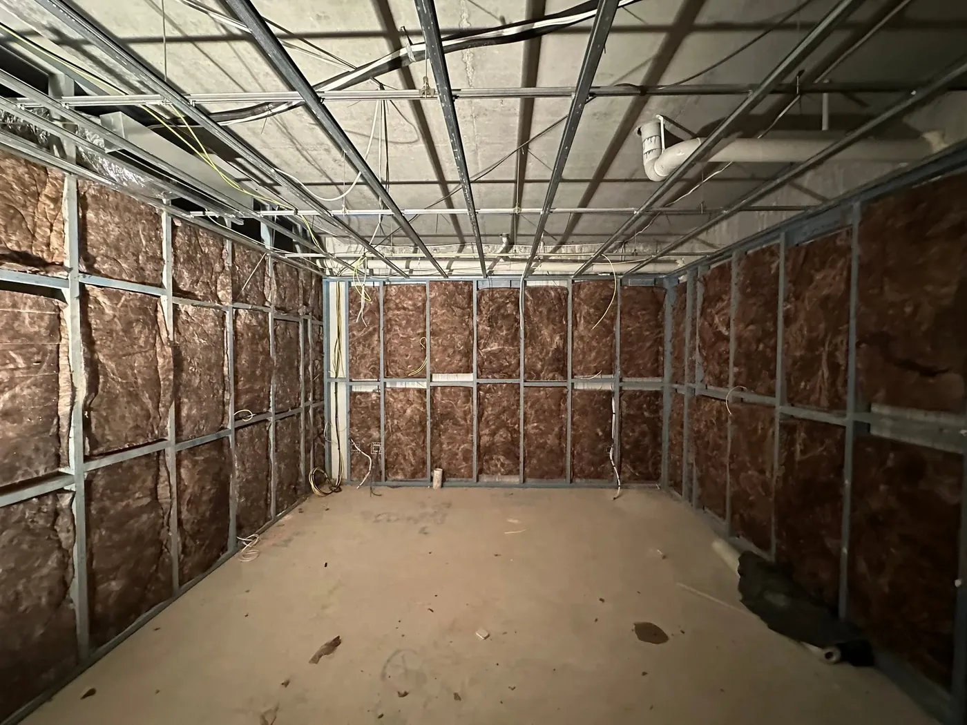 Steel-framed shell with insulation batts and an exposed ceiling, before the build